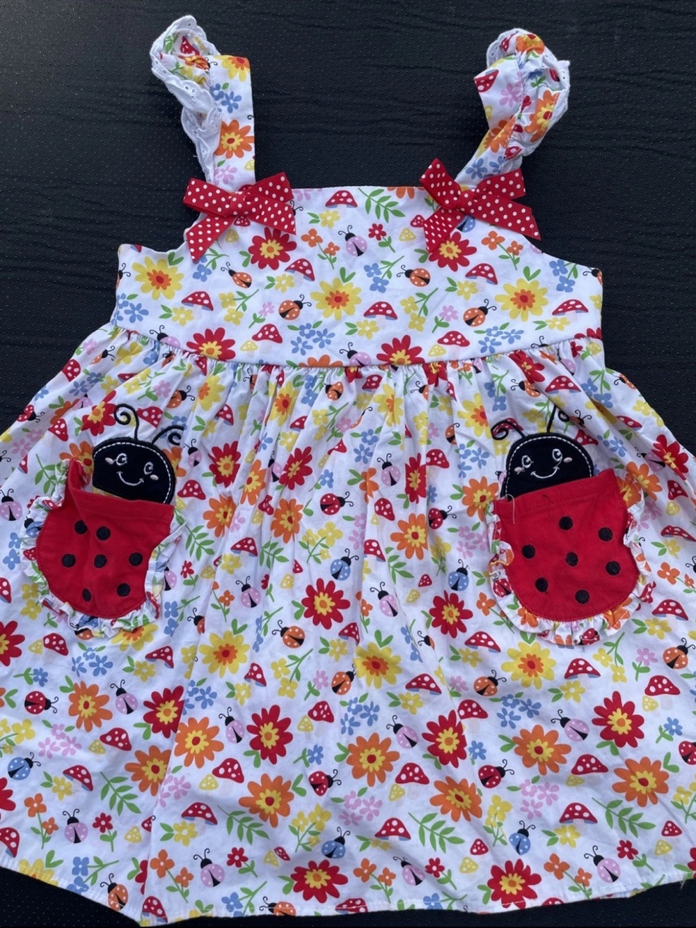 Youngland White Floral Sundress with Red Ladybug Pockets